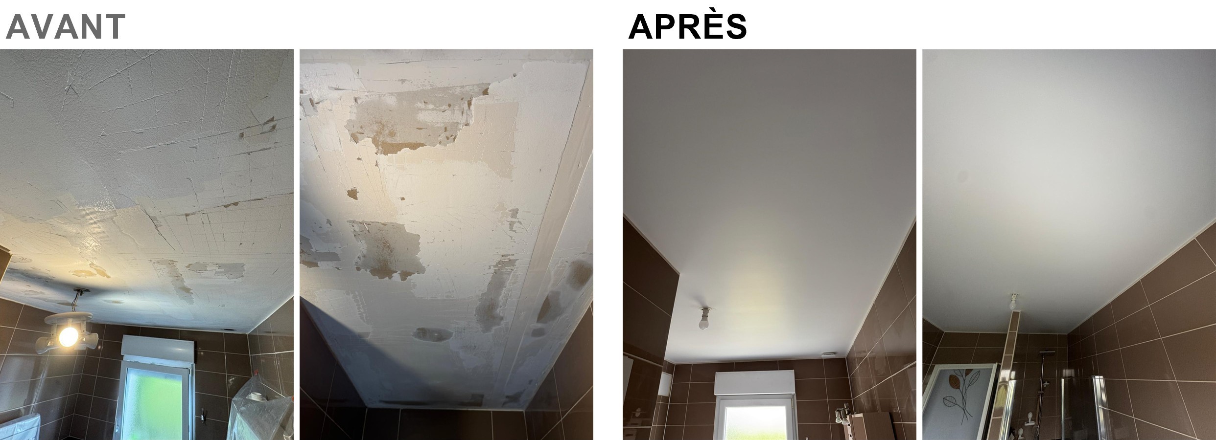 Avant et après : rénovation d'un plafond de salle de bain, ratissage et peinture — UA Construction